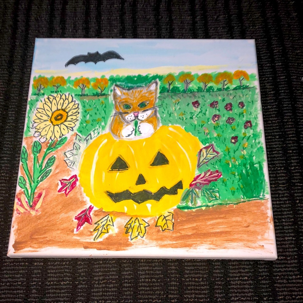 🏋️‍♂️ Autumn Cat Canvas Art Hand Painted by My Mom: Rosemarie A. Smith
